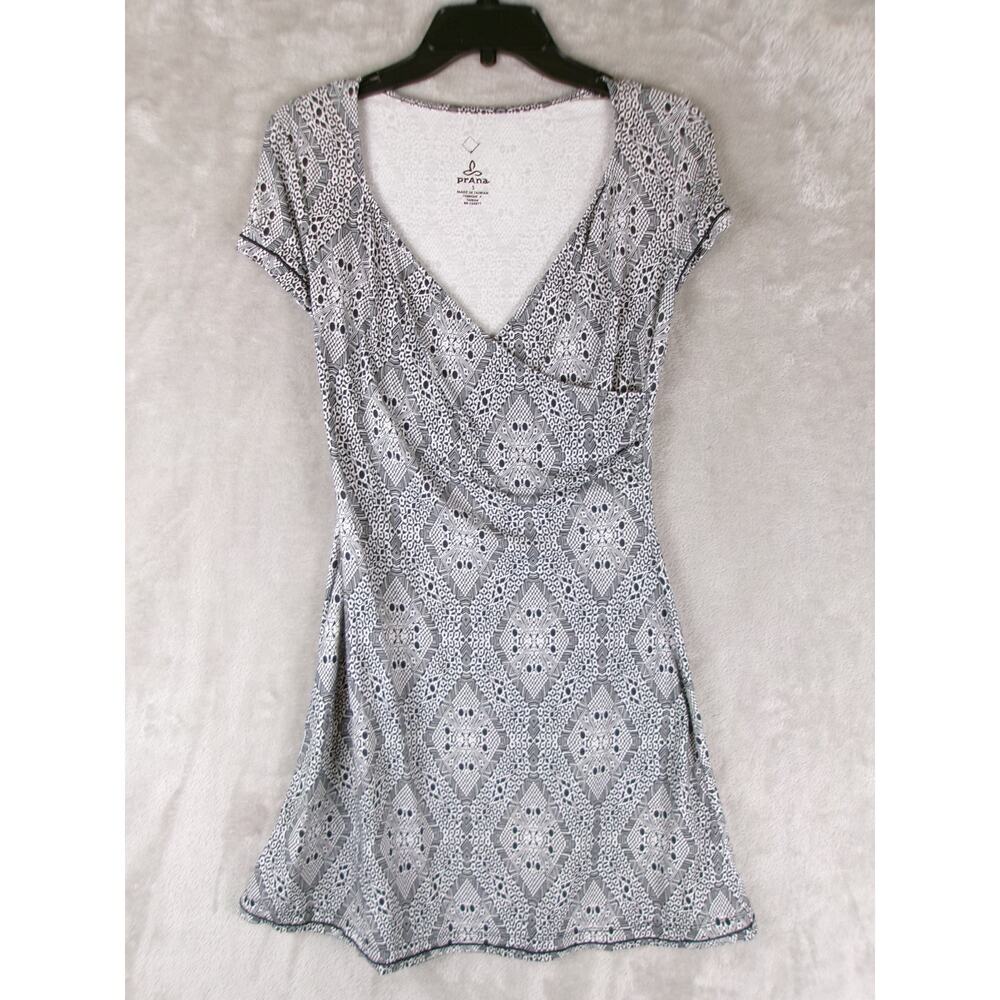 Prana Faux Wrap Dress Black White Geometric Stretch V Neck Cap Sleeve S